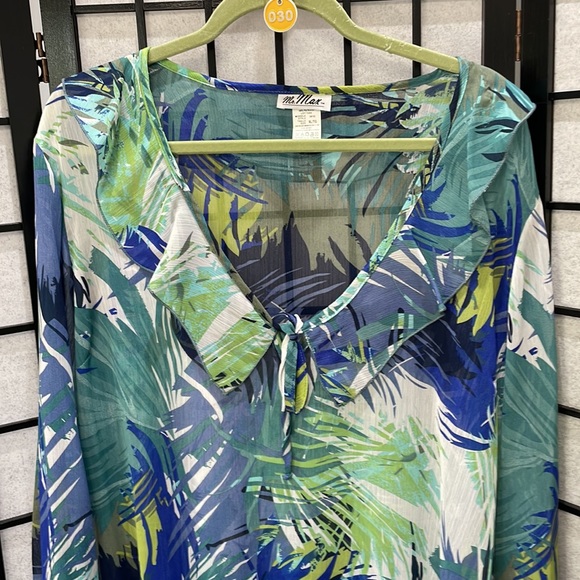 Mr Max Sheer Blouse, Leafy Pattern, Bell Sleeves, NWOT SZ XL - Picture 2 of 9